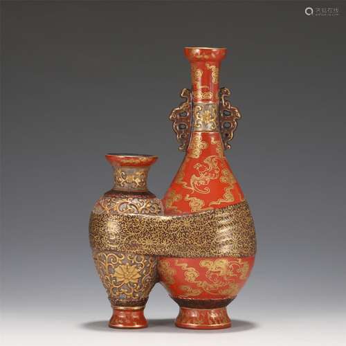 An Iron-red Ground Gold Painted Twin-vase