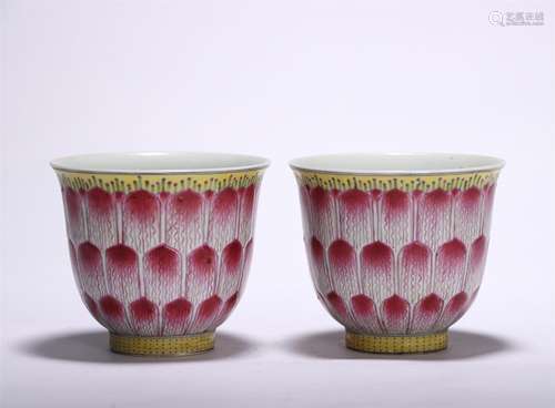 Pair of Famille Rose Lotus Porcelain Cups