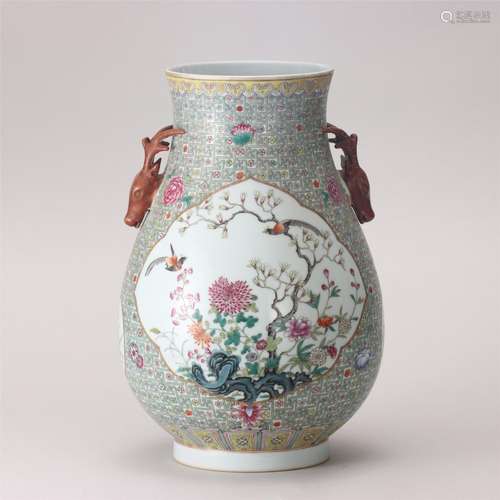 A Famille Rose Porcelain Zun Vase with Deer Handles