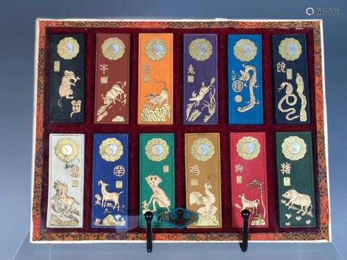 TWELVE CHINESE ZODIAC GOLD-PAINTED INKSTICKS