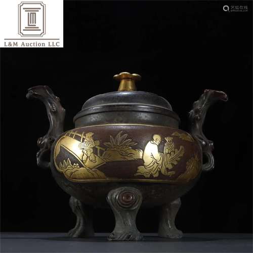 A Chinese Gilt Bronze Incense Burner with Figure