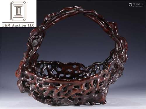 A Chinese Decorative Carved Zitan Wood Basket