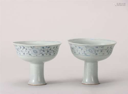 Pair of Blue and White Porcelain Stem Cups