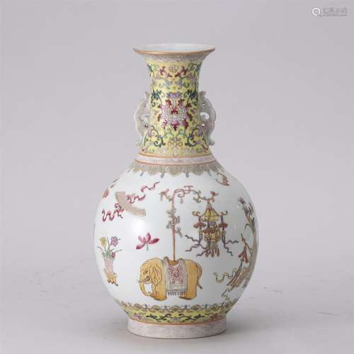 A Famille Rose Porcelain Vase with Double Handles
