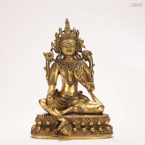 A Hardstone Inlaid Gilt Bronze Buddha Statue