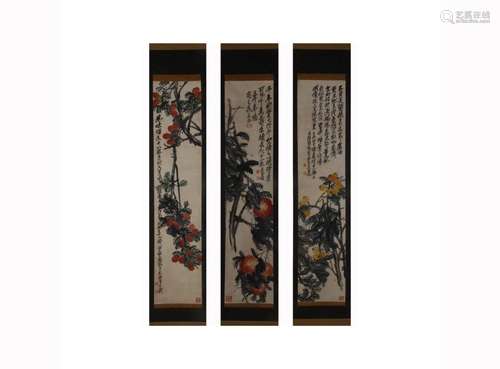 WU CHANGSHUO, THREE-PANEL PAINTINGS OF FRUITS