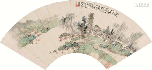 1891～1977 贺天健 溪山幽居 扇片 设色纸本