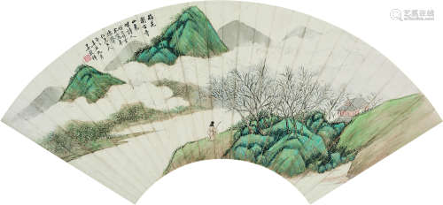 1848～1903 吴榖祥 1901年作 山色笑诗人 设色纸本 扇片