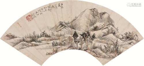 1853～1901 任预 1892年作 溪山秋林 设色纸本 扇片