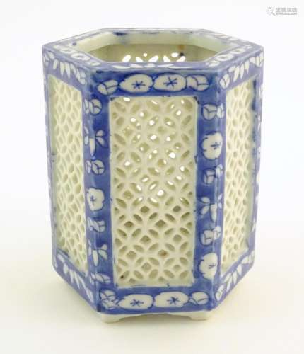An Oriental hexagonal pot pourri holder with blue …