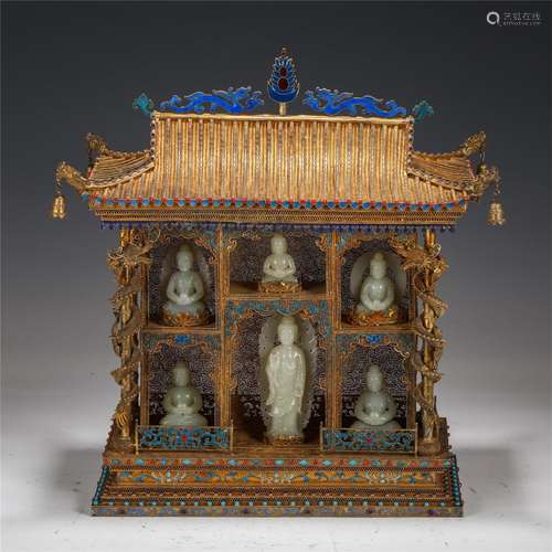 A Gilt Silver Buddha Niche with Jade Buddha Statues