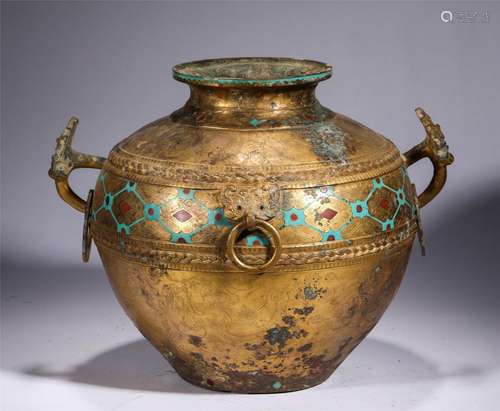 A Hardstone Inlaid Gilt Jar with Double Handles