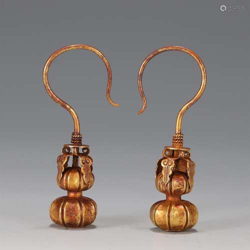 Pair of Gilding Bronze Double-gourds Ear-drops