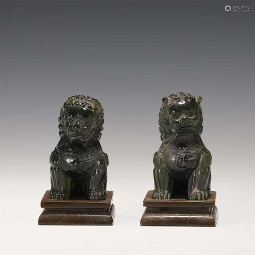 Pair of Spinach Green Jade Carved Lion Decoration