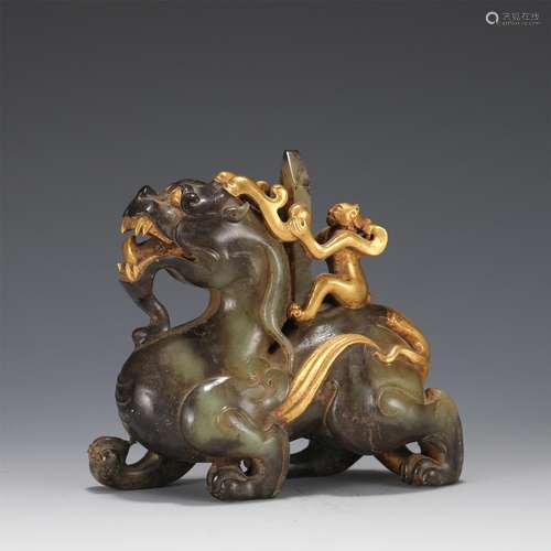 A Gilding Mounted Jade Mythical Beast Decoration