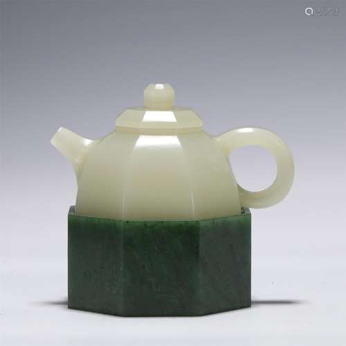 An Octagonal Jade Pot with Jasper Stand