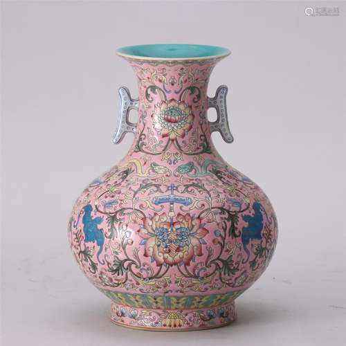 A Famille Rose Porcelain Vase with Double Handles