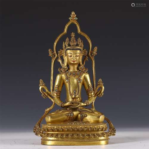 A Hardstones Inlaid Gilding Buddha Statue