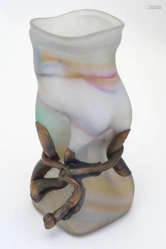 A satin art glass vase of sack / bag form with app…