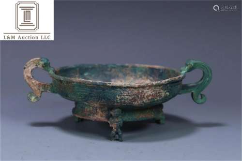 A Chinese Double Ear Bronze Plate