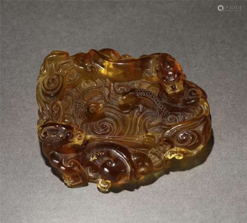 An Amber Carved Dragons and Fishes Brush Washer