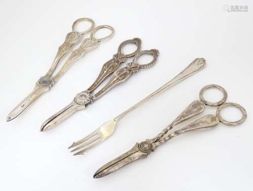 Three assorted silver plate grape shears, together…
