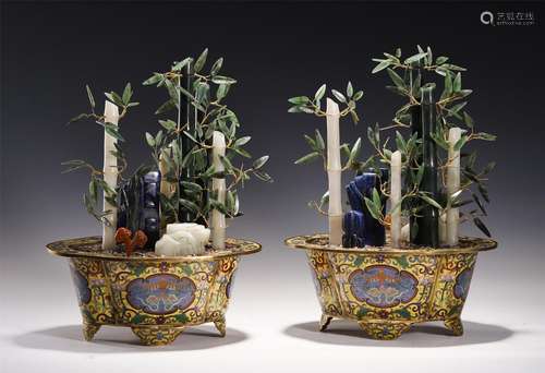 Pair Hardstones Bamboo Bonsai with Cloisonne Basins