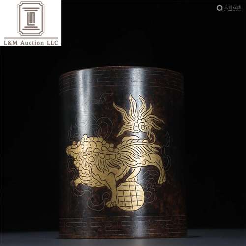 A Chinese Gilt Bronze Beast Patterned Brush Pot