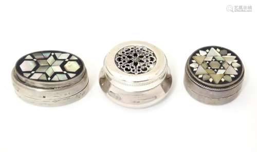 Three various silver and white metal pill boxes, …