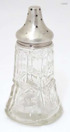 A glass sugar sifter / caster with silver top. App…