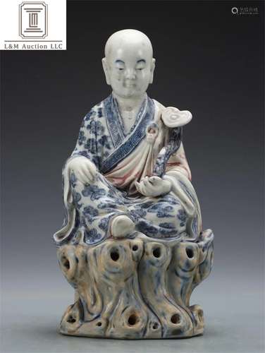 A Chinese Blue and White Porcelain Arhat Statue