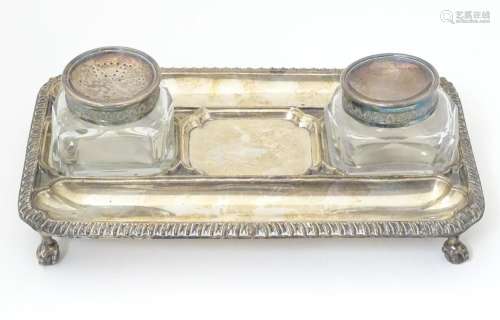 A 19thC silver plate inkstand / standish with two …