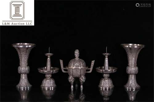 A Set of Sterling Silver Buddhist Vessels