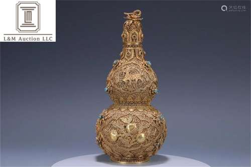 A Chinese Gilt Silver Gourd Vase