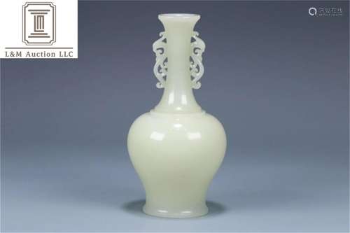 A Chinese Caved Jade Vase with Double Ear