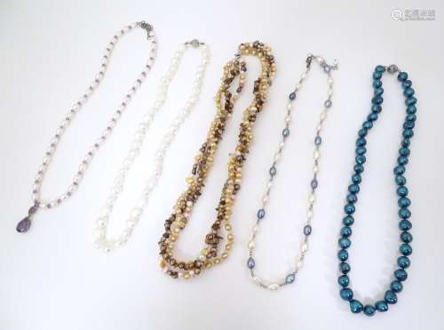 Five assorted pearl / bead necklaces with silver c…