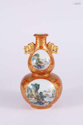 Gold-Outlined Famille Rose Gourd-shaped Vase
