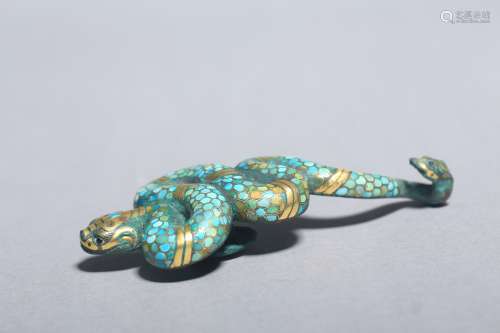 Snake-shaped Belt Hook with Gold , Silver and Turquoise Inla...