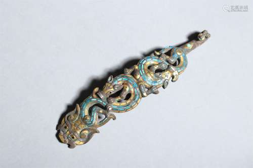 Dragon-shaped Belt Hook with Gold , Silver and Turquoise Inl...