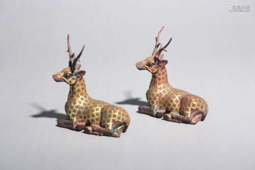 A Pair of Copper Deer Ornaments with Gold Inlay