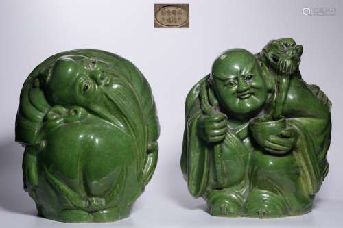 Two Green Porcelain Statues of Buddha (without the Horn of D...