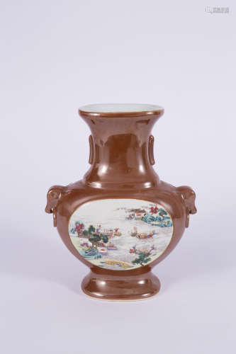 An Aubergine Glaze Landscape Double-Eared Vase