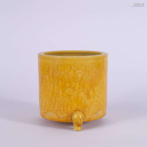An Incised Yellow-Ground Dragon and Cloud Tripod Censer