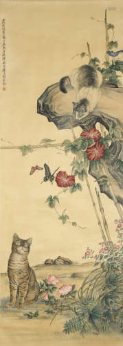A Chinese Cat Painting Scroll, Liu Kuiling Mark
