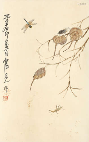 A Chinese Dragonfly Painting Scroll, Qi Baishi Mark