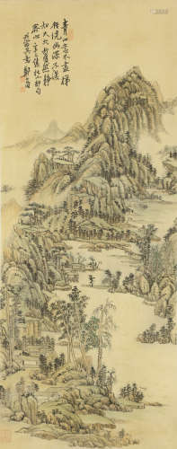 A Chinese Landscape Silk Painting Scroll, Deng Wuchang Mark