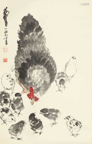 A Chinese Rooster Painting Scroll, Huang Zhou Mark
