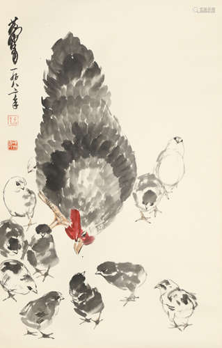 A Chinese Rooster Painting Scroll, Huang Zhou Mark