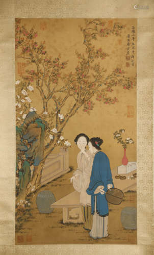 A Chinese Lady Painting Silk Scroll, Tang Yin Mark