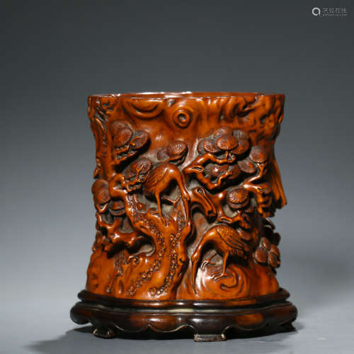 A Carved Boxwood Crane and Pine Brush Pot
